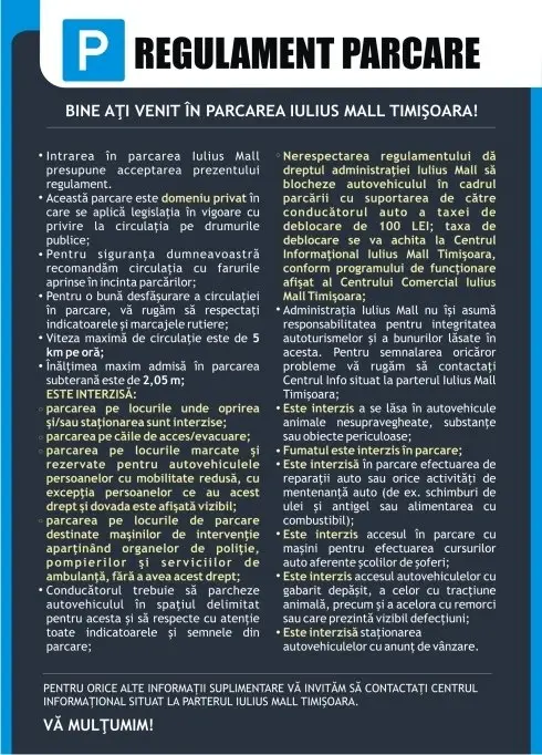 Regulamentul parcarii Iulius Mall Timisoara