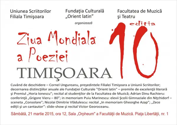 Ziua Mondiala a Poeziei sarbatorita la Timisoara