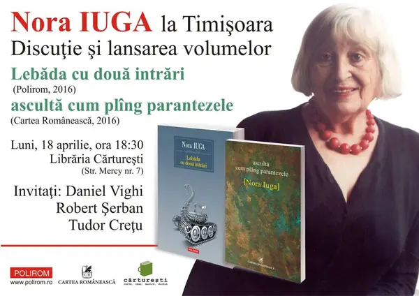 Nora Iuga la Timisoara: dubla lansare de carte