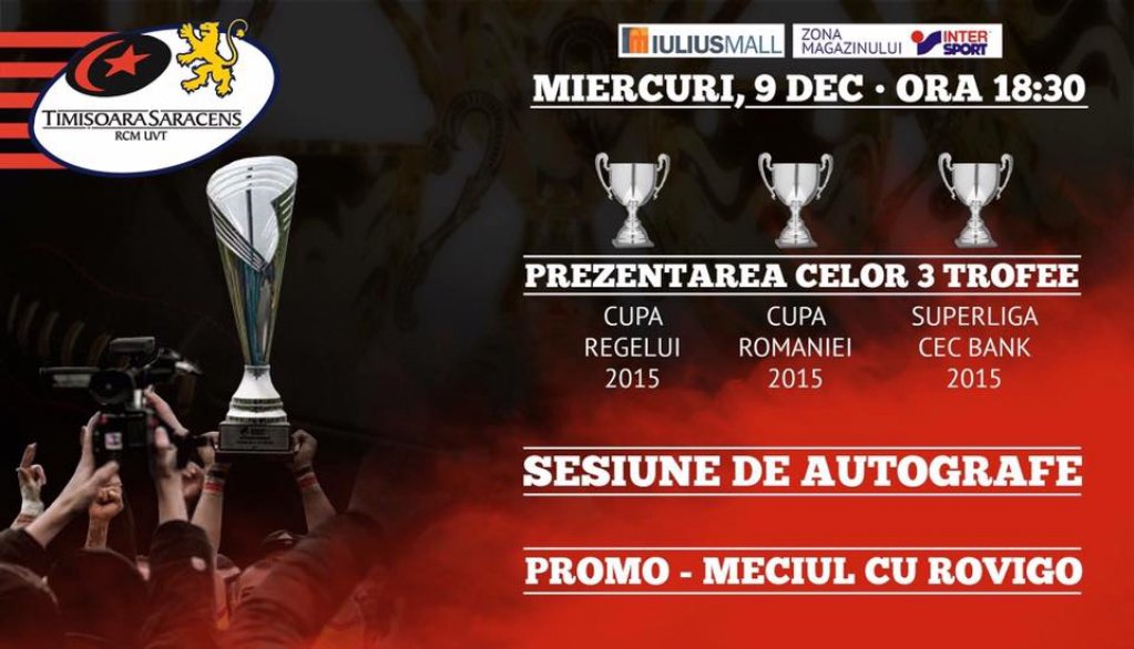 Echipa de rugby Timisoara Saracens RCM isi prezinta cele trei trofee castigate in acest an