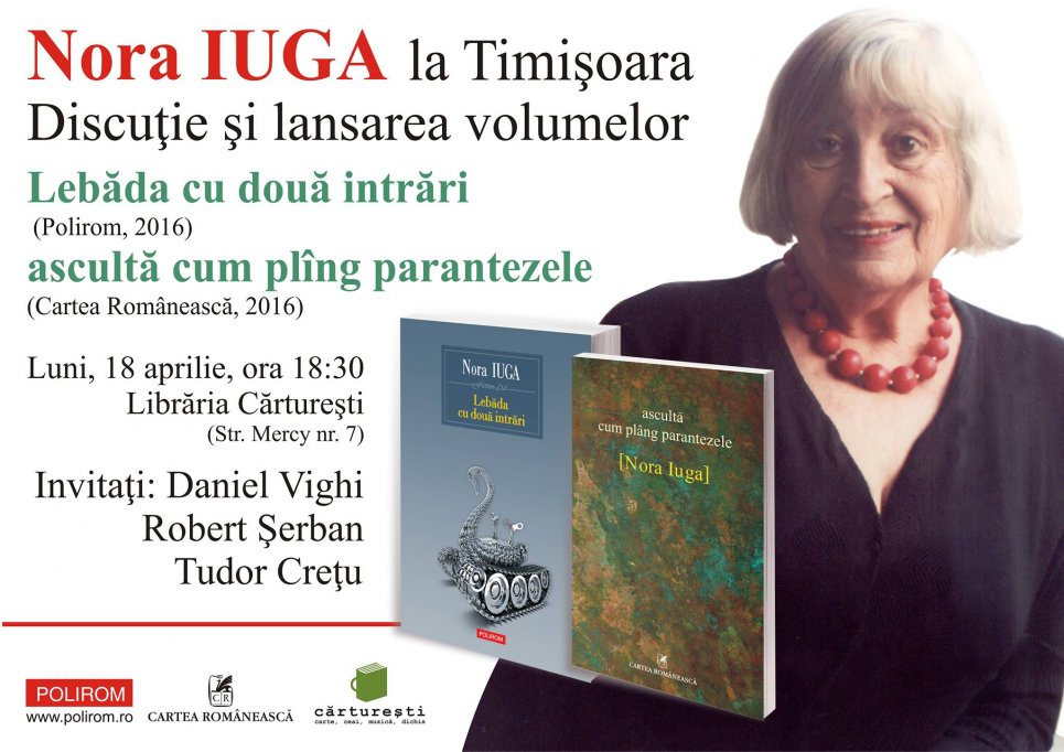 Nora Iuga la Timisoara: dubla lansare de carte